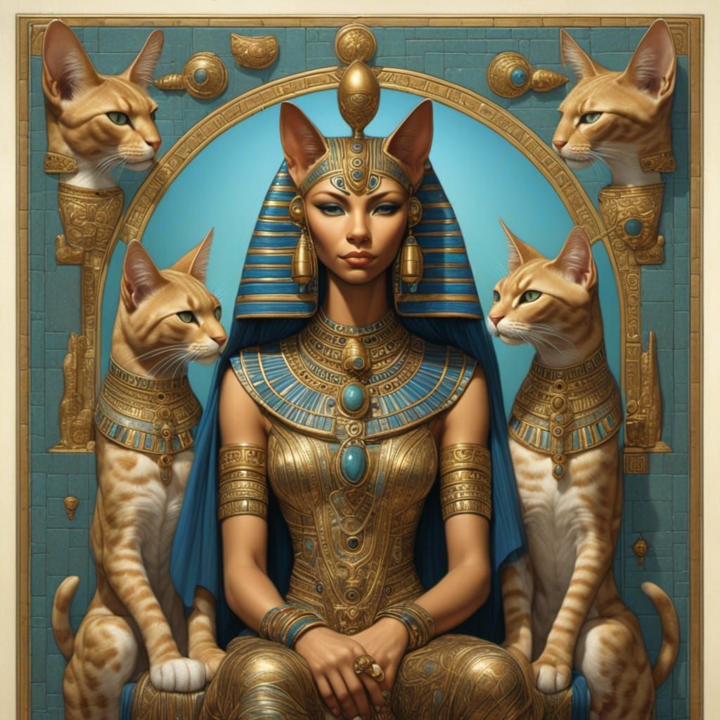 Bastet with Cats in Fantasy Caricature Style