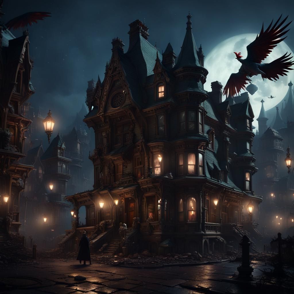 Gothic Cityscape with Flying Victorian Monsters