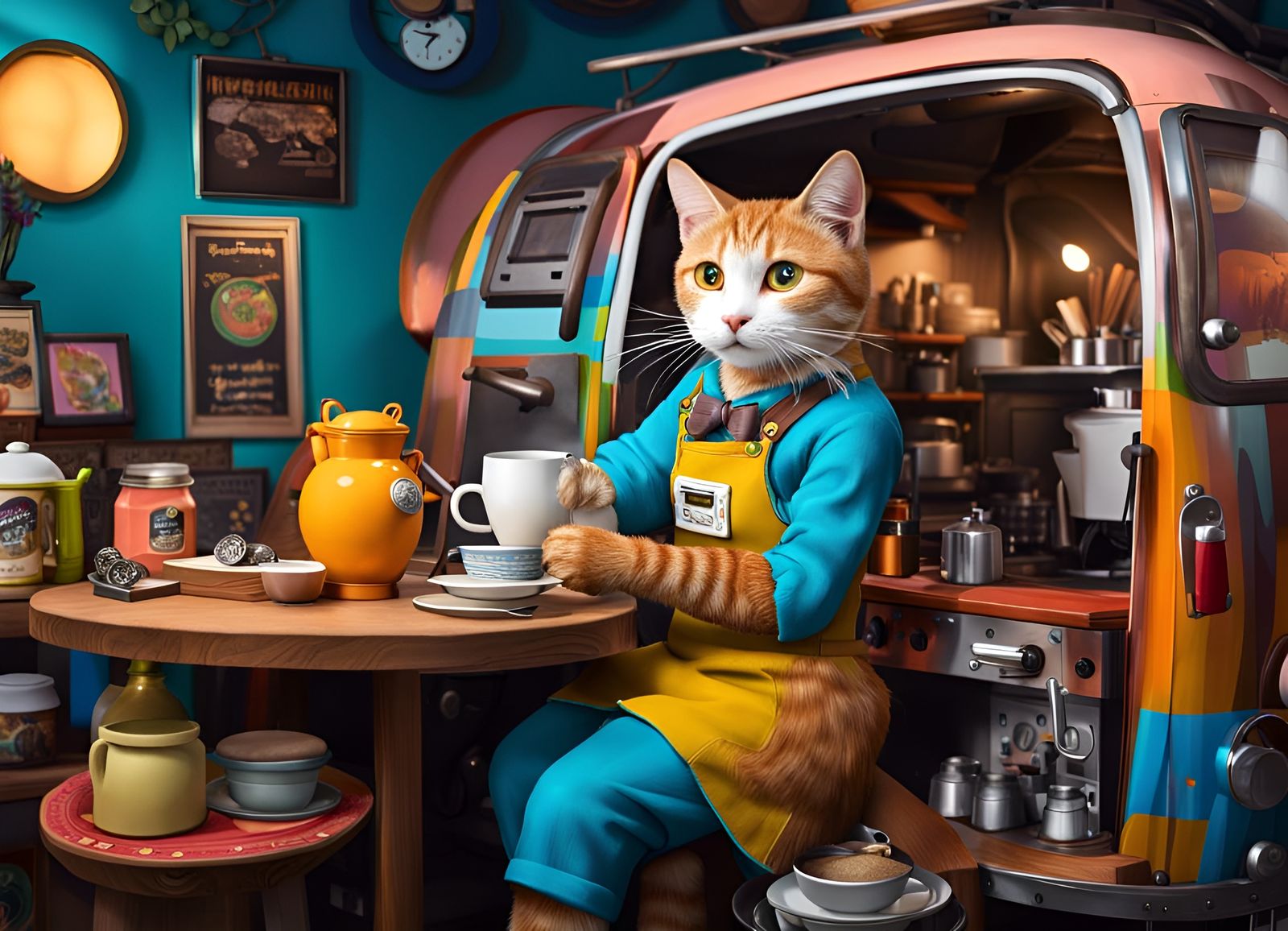 Anthropomorphic Cat Barista on the Moon in Ghibli Style
