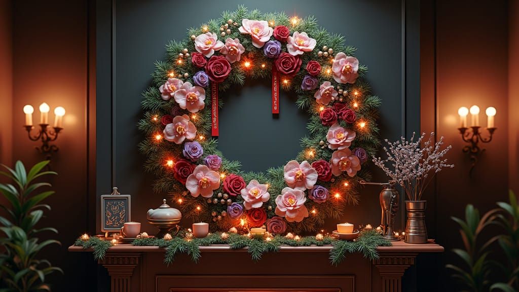 Whimsical Christmas Wreath in Cyberpunk Style