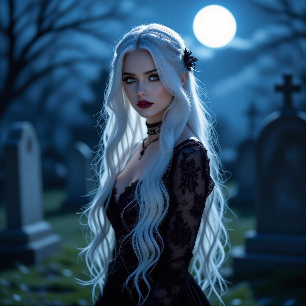 Goth Girl in Moonlit Graveyard, Photorealistic Style
