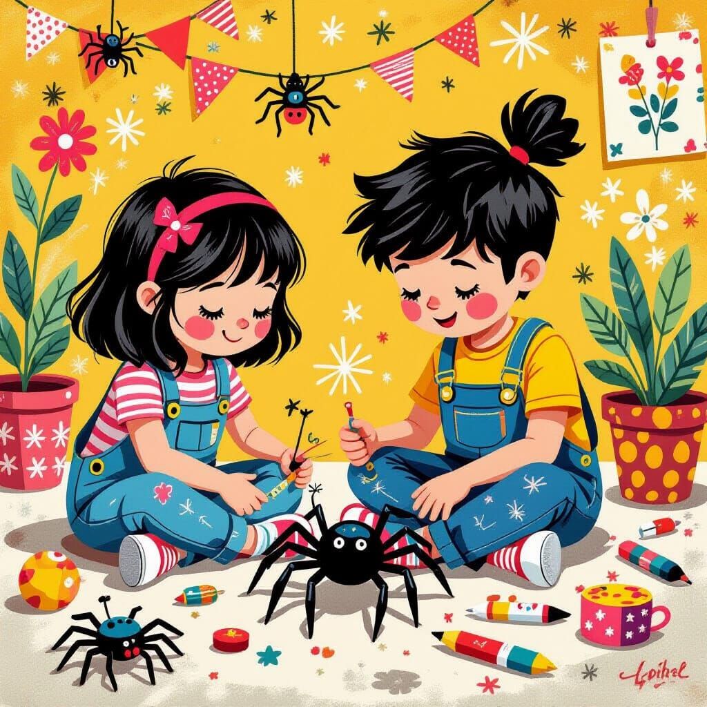Kids Playing with Toy Spider in Eclectic Style