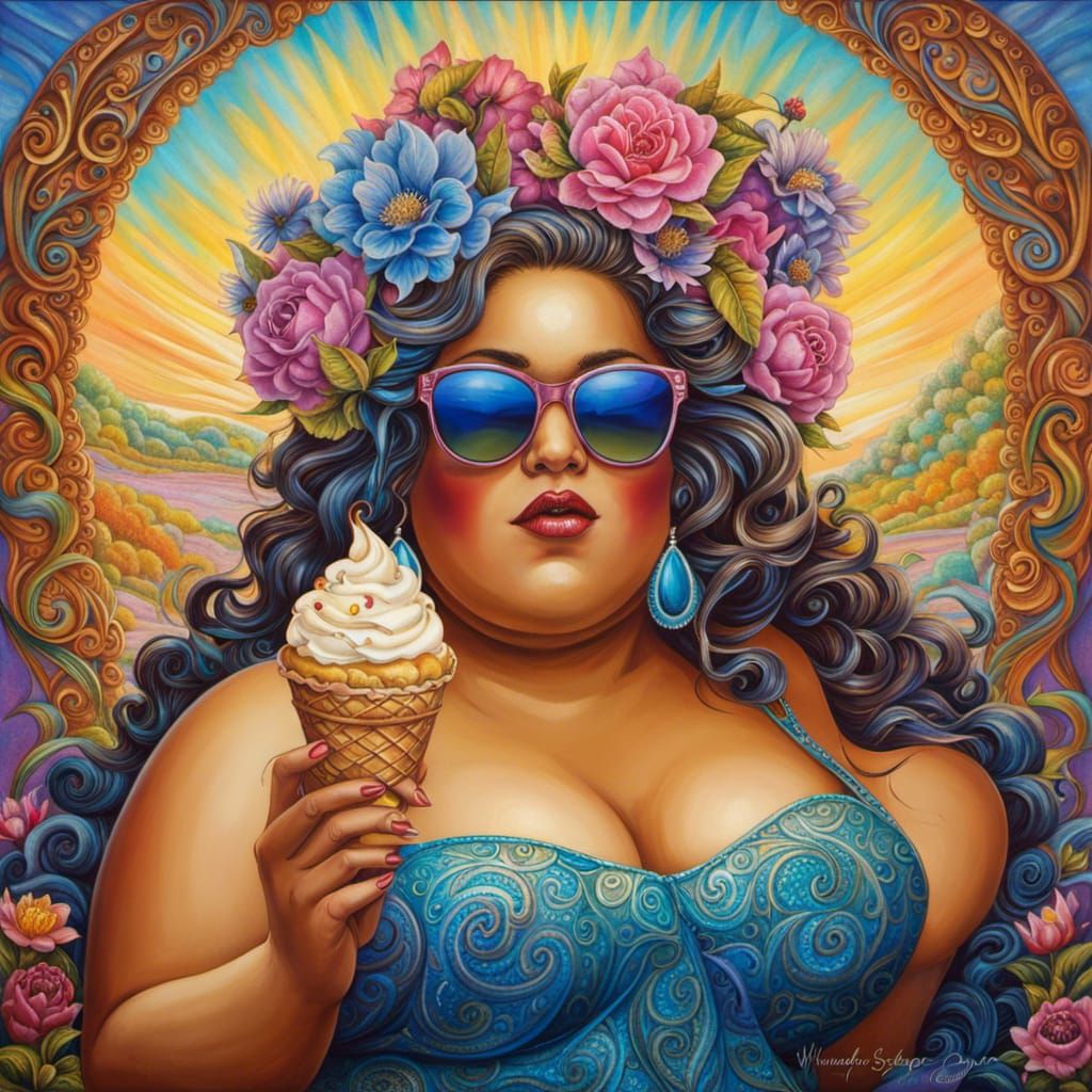 Voluptuous Goddess in Tight Dress with Ice Cream