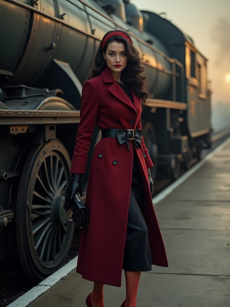 Retro 1980s Woman in Burgundy Coat on Train Platform