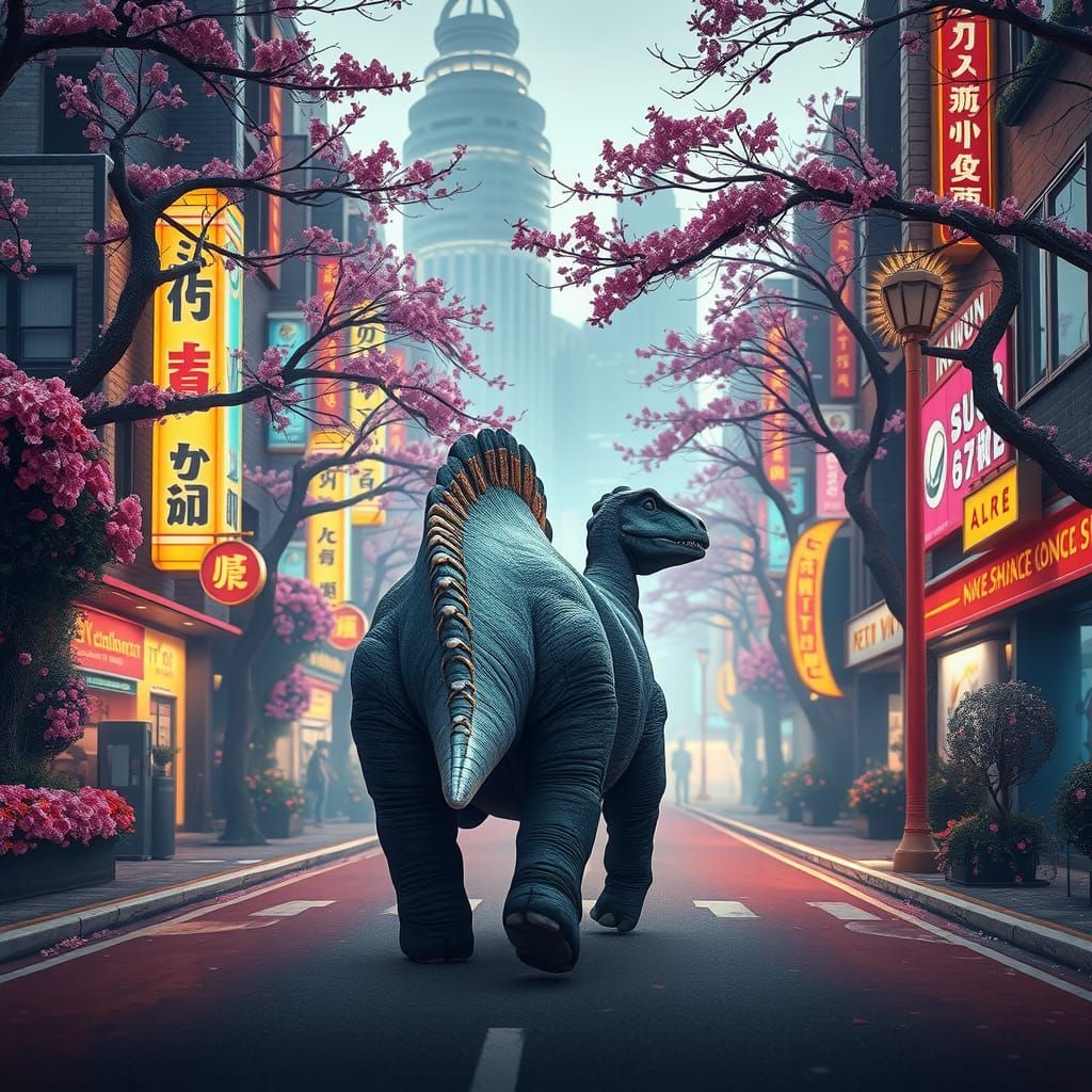 Apatosaurus Gazes Back in Hyperrealistic Cityscape