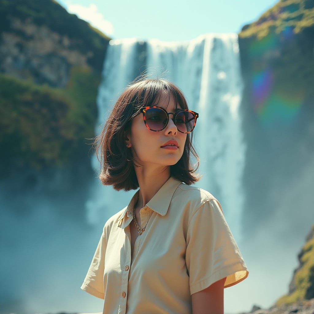 Girl in Dreamy Double Exposure with Waterfall