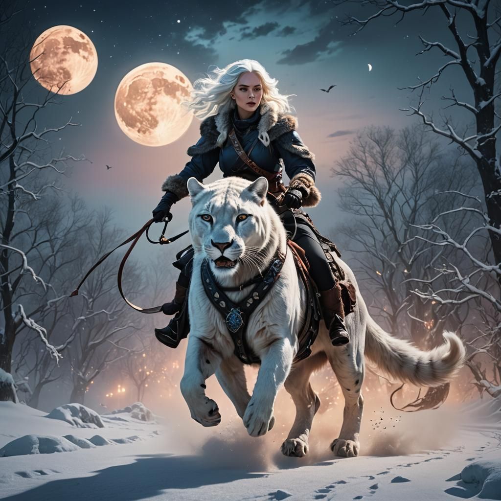 Girl Rides Panther Under Moon: Matte Painting