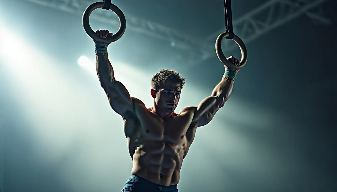 Gymnast's Powerful Christ Cross on Rings in Cinematic Light