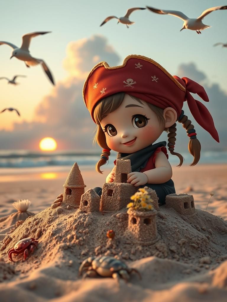 Chibi Pirate Girl's Sunrise Sandcastle