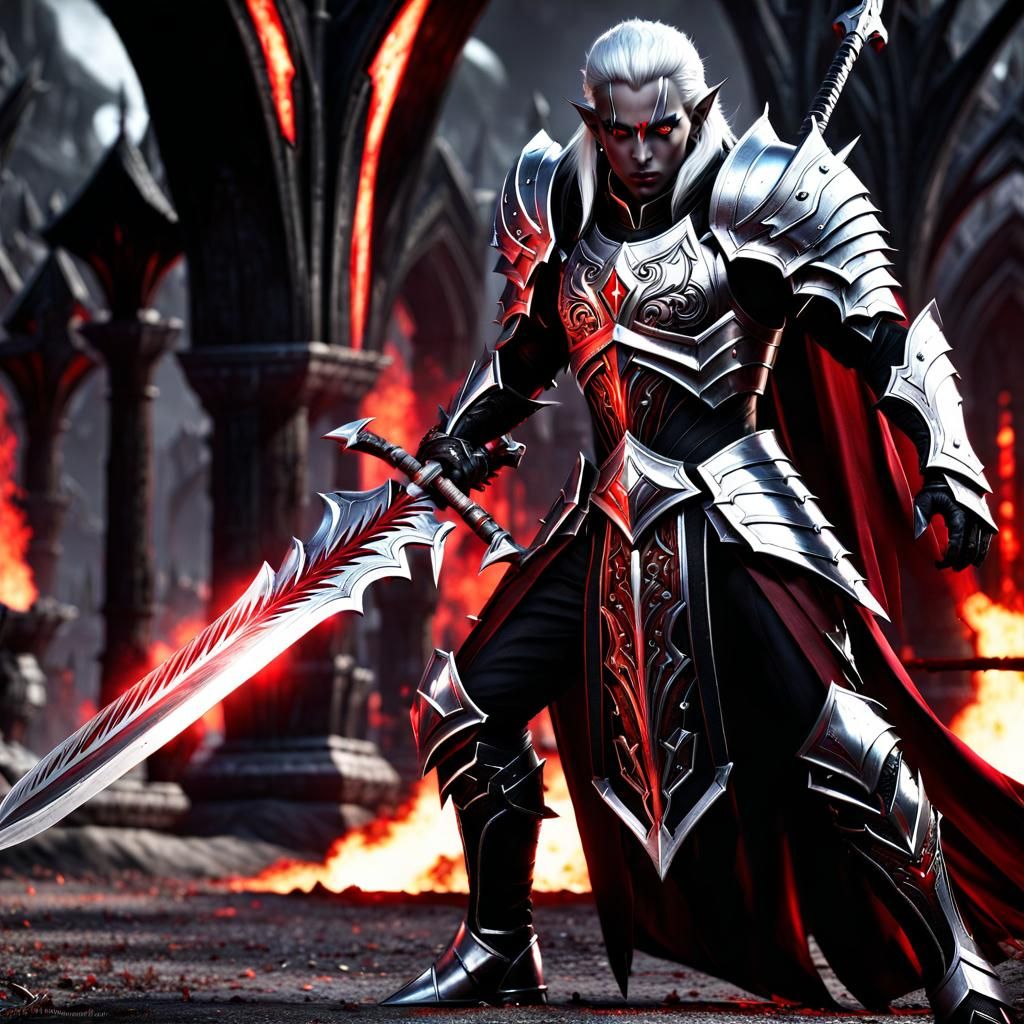 Drow Shadowknight with Glowing Sword and Red Eyes