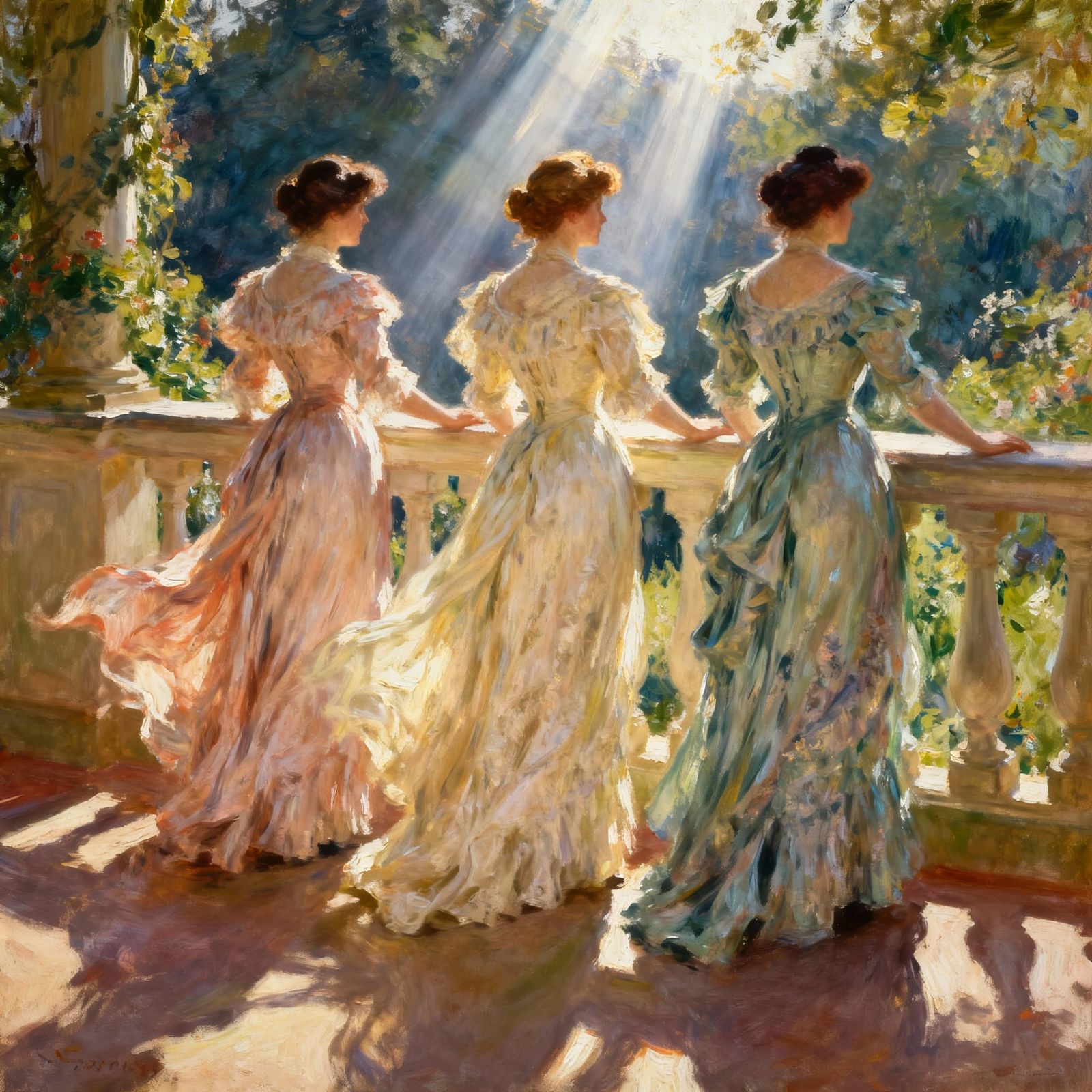Victorian Women on Balcony in Romantic Realist Oil Painting ...