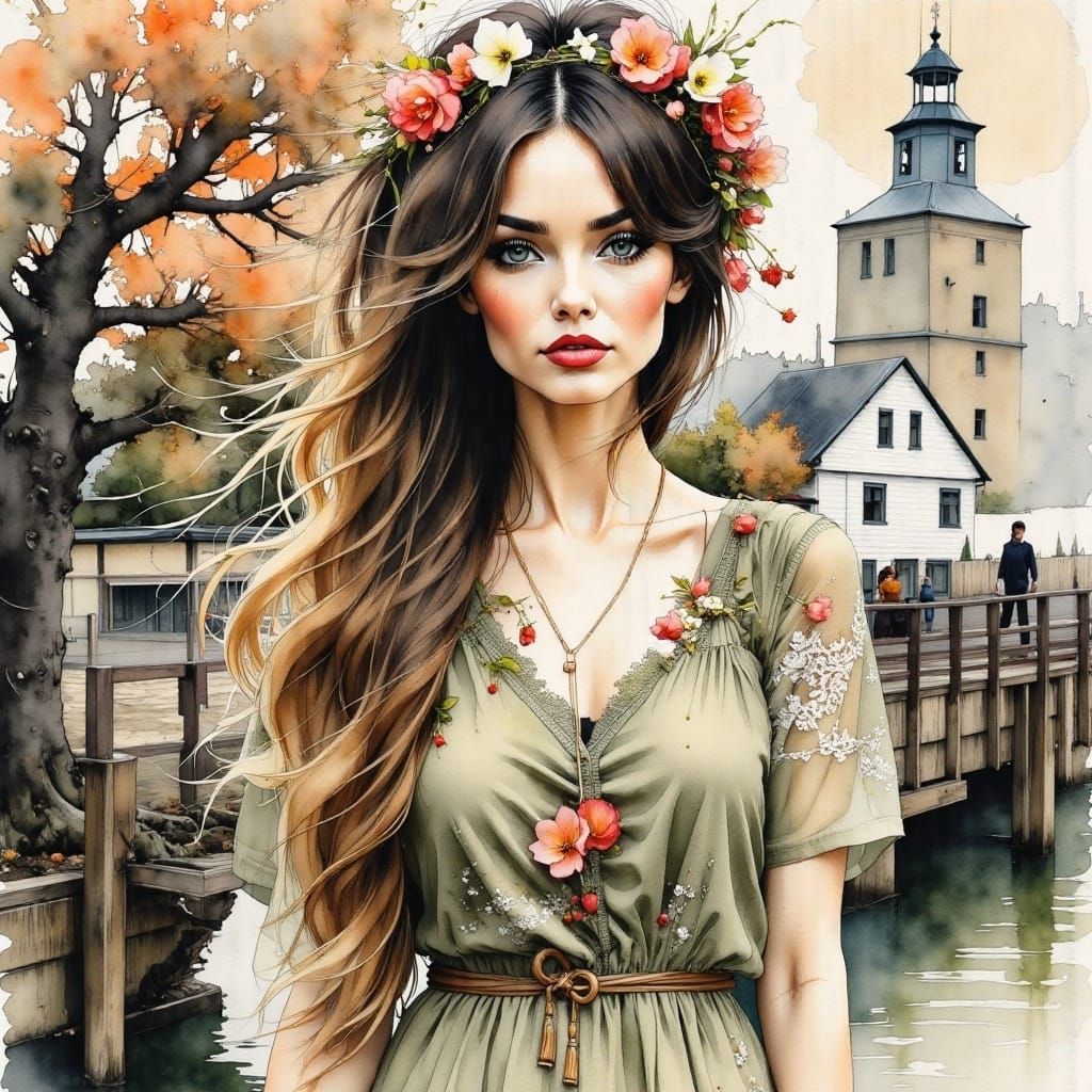 Ethereal Village Maiden with Long Hair and Boho Attire