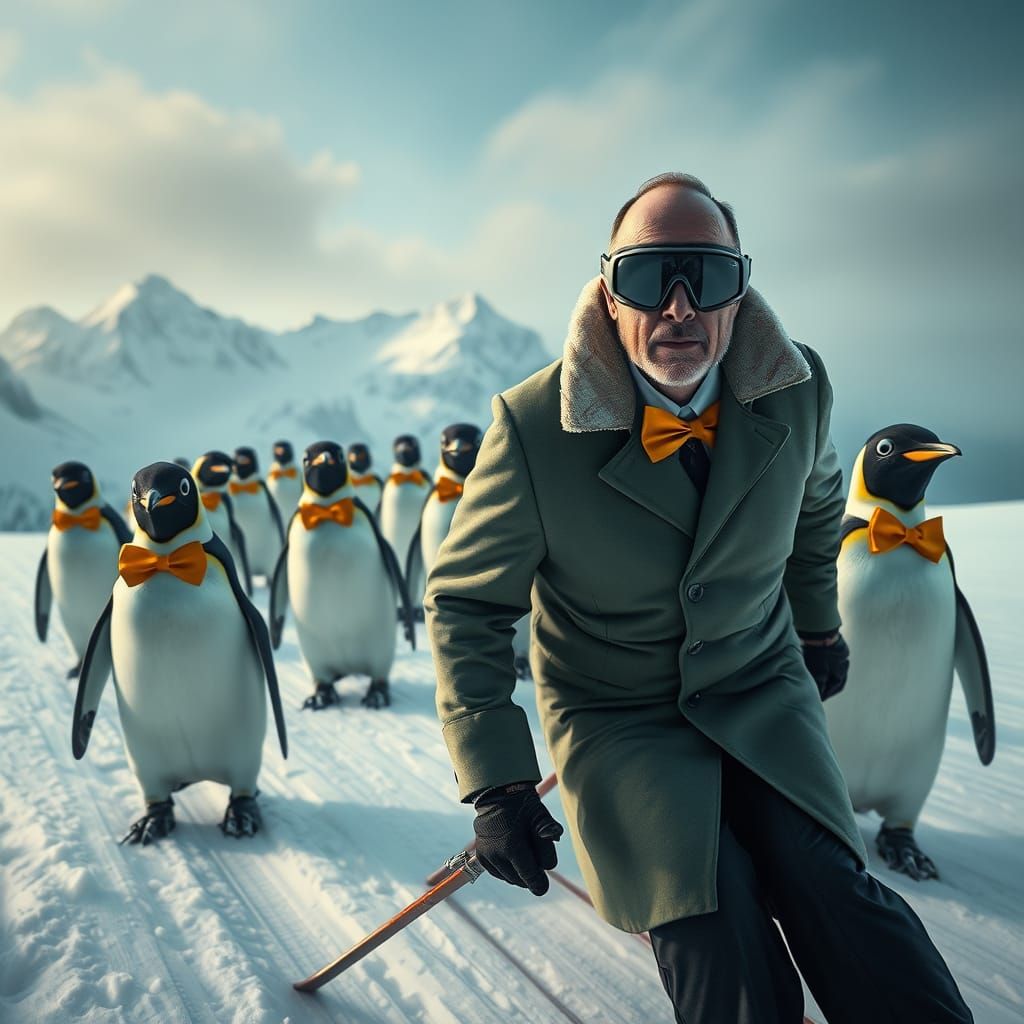 Ed Harris Skiing with Bow Tie Penguins