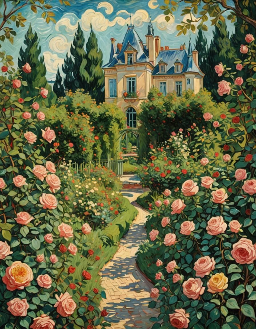 French Chateau Rose Garden, Van Gogh Style