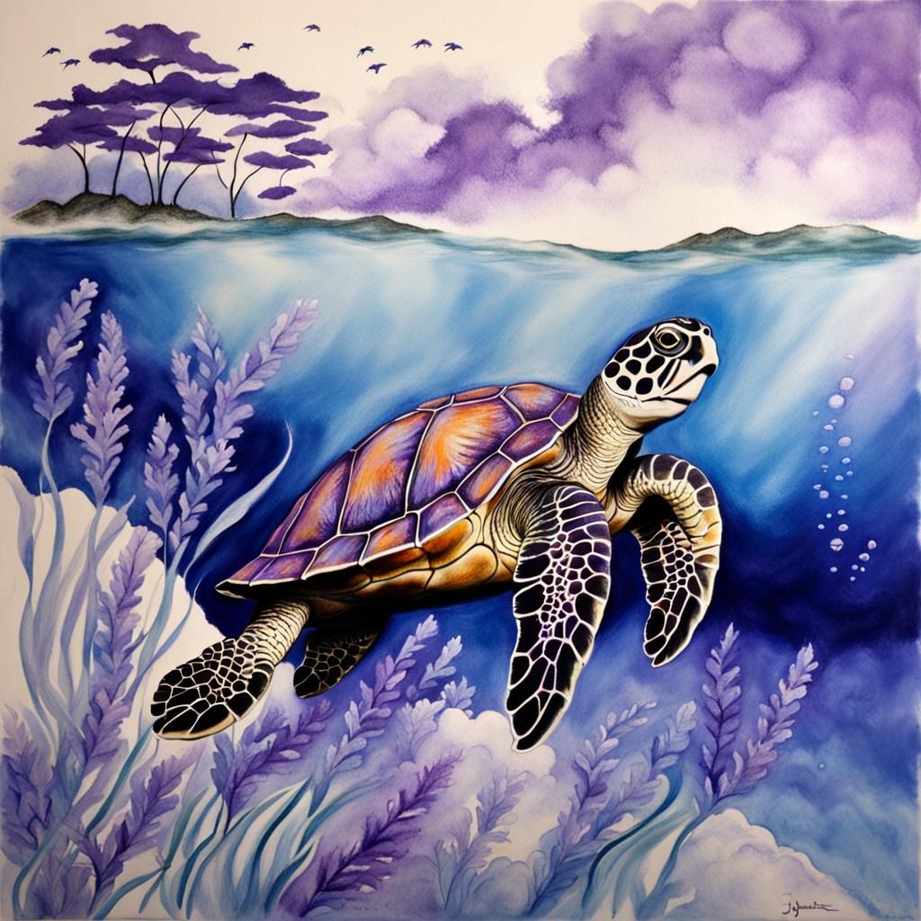 Swimming Turtle in Japanese Chalk Art Style