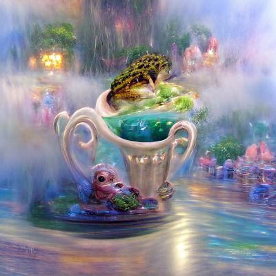 Frog Swimming in Teacup: Ethereal Fantasy Art