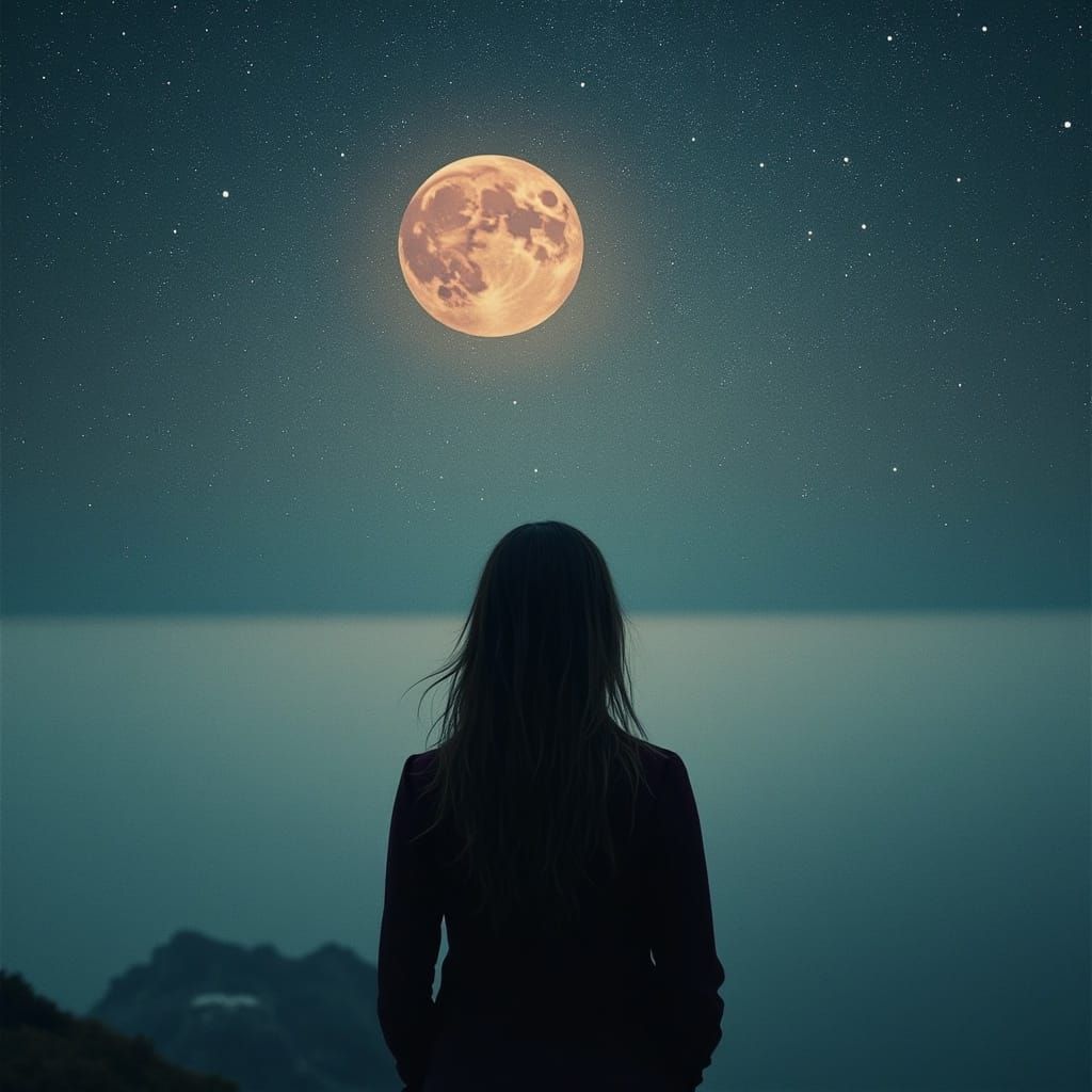 Woman Contemplating the Moonlit Sky