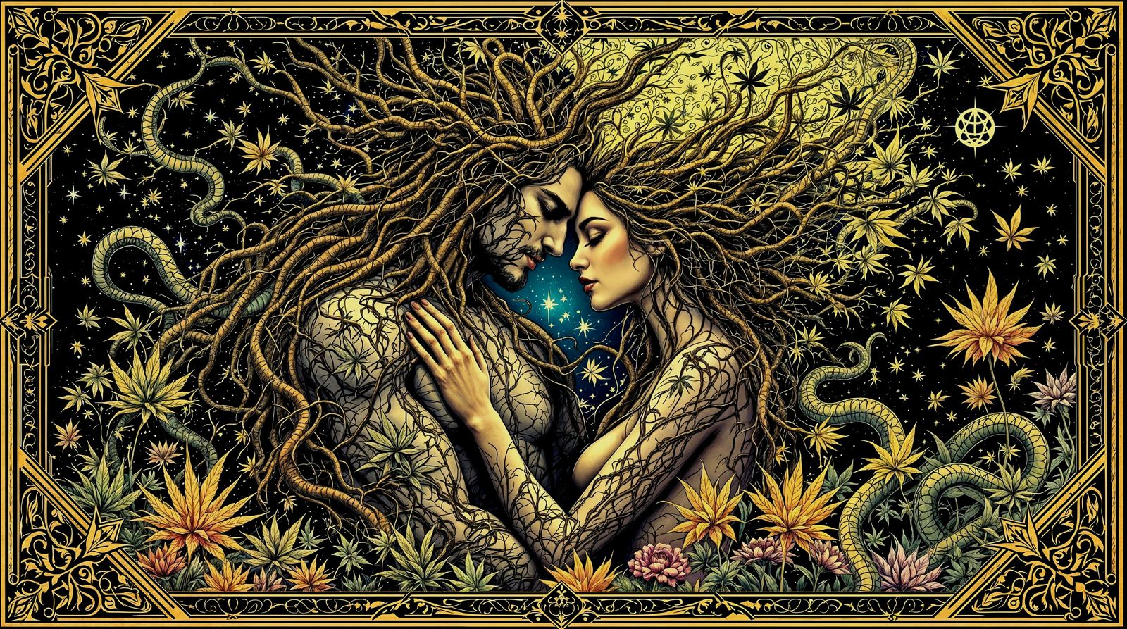 Mystic Cannabis Lovers Tarot Card in Ink Illustration