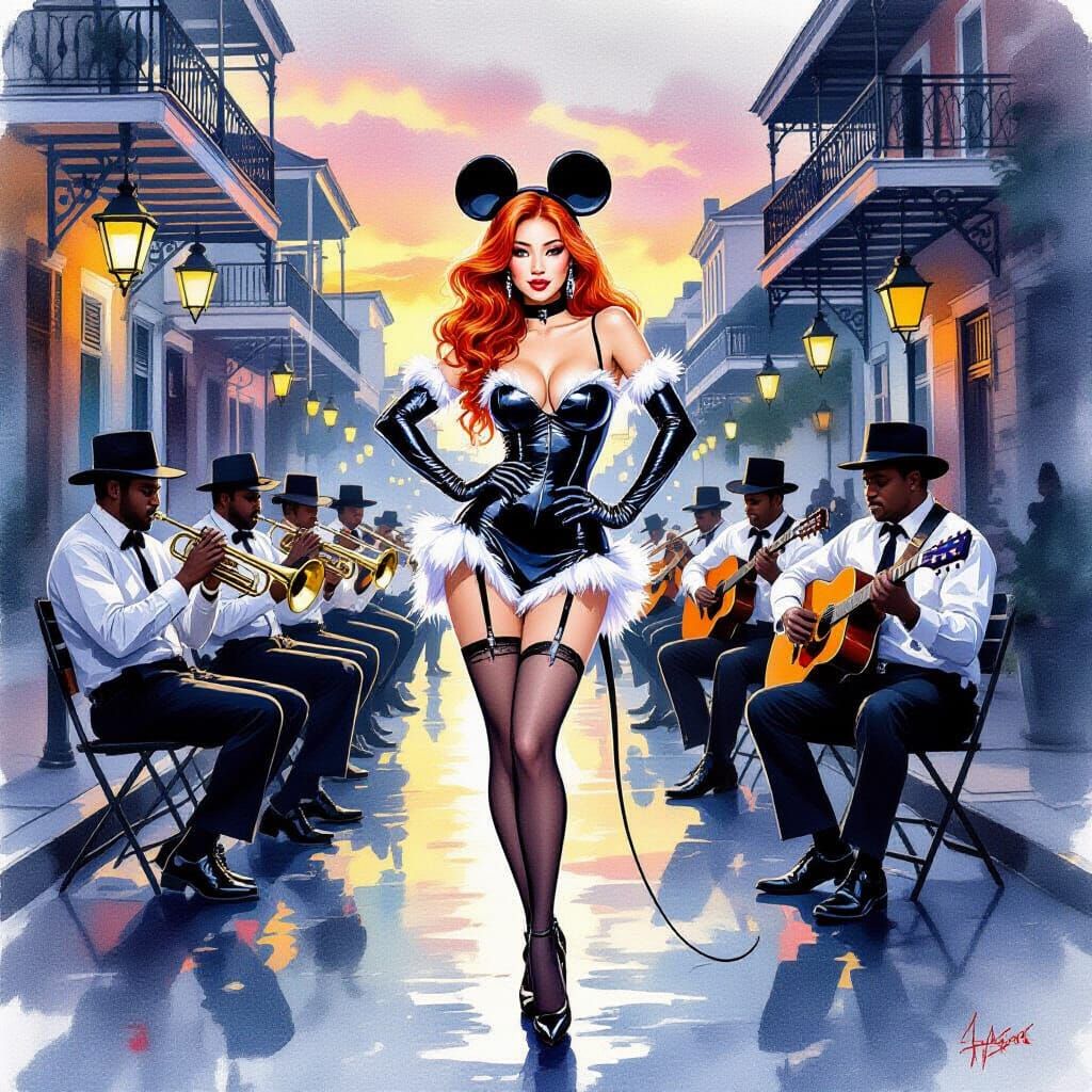 New Orleans Pin-Up Girl in Watercolor Landscape Art