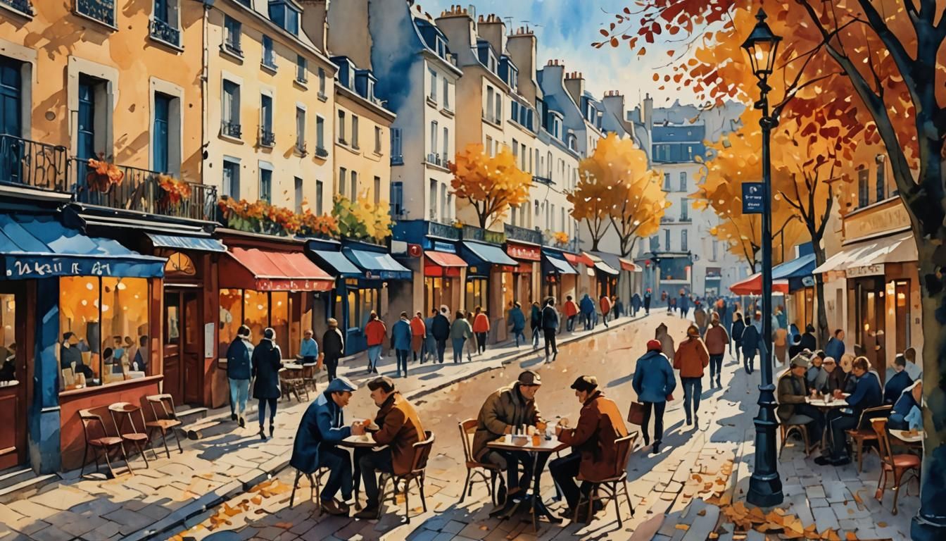 Montmartre Bars in Autumn: Gouache Watercolor Painting