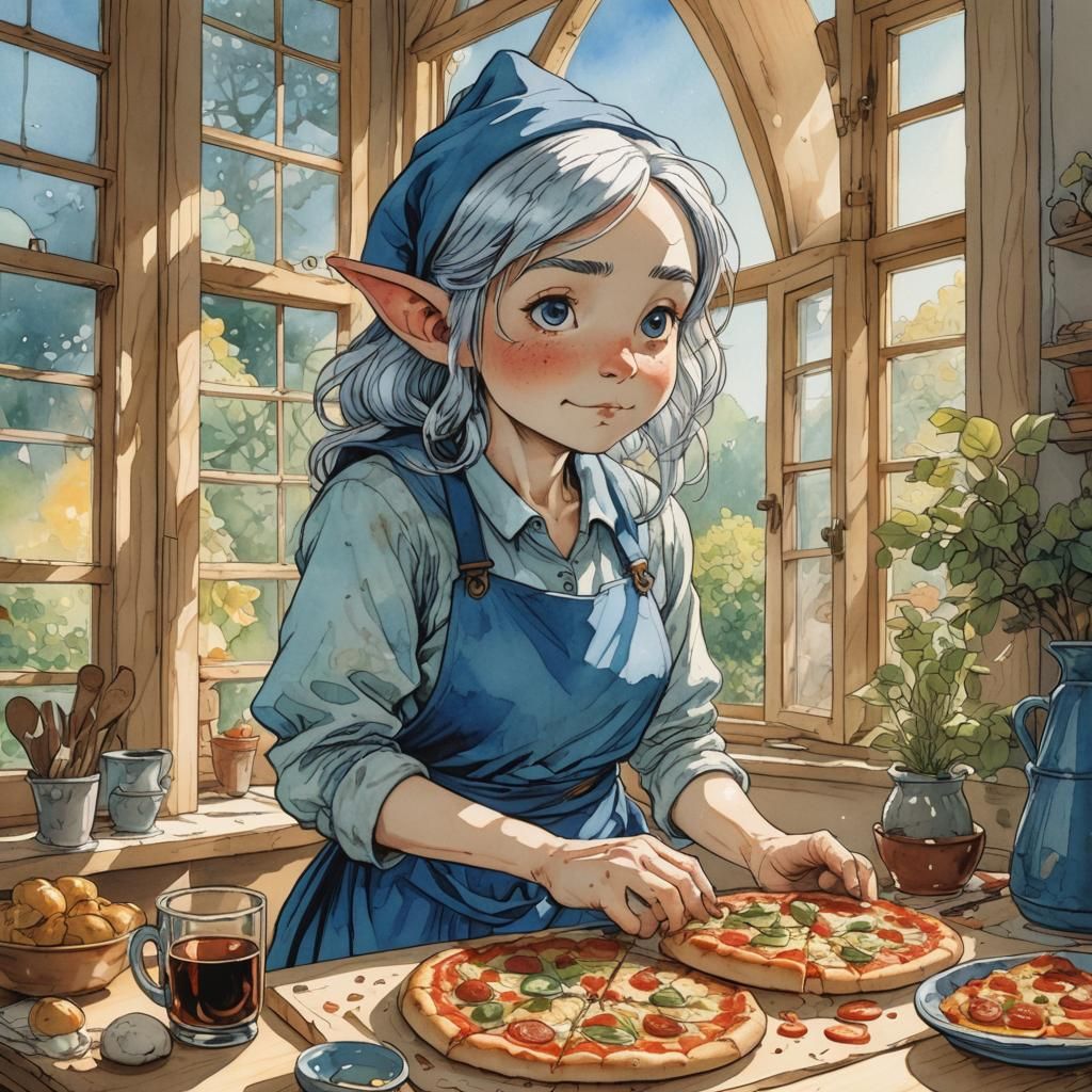 Kawaii Gnome Girl Kneading Pizza: Manga Illustration