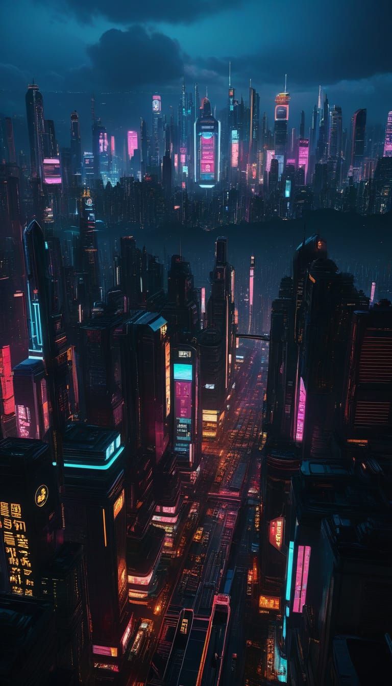 Cyberpunk Metropolis at Night with Neon Lights