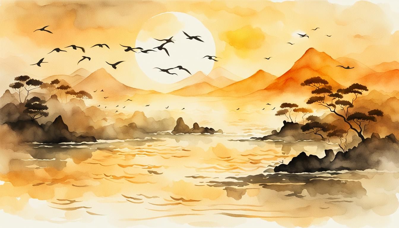Serene Sunset Beach in Chinese Watercolor Style