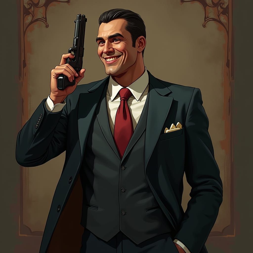 Mafioso Character Smiling with Gun in Matte Painting Style