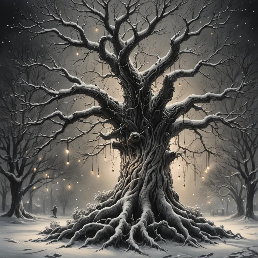 Ancient Tree in Snow with Fairy Lights: Charcoal Drawing