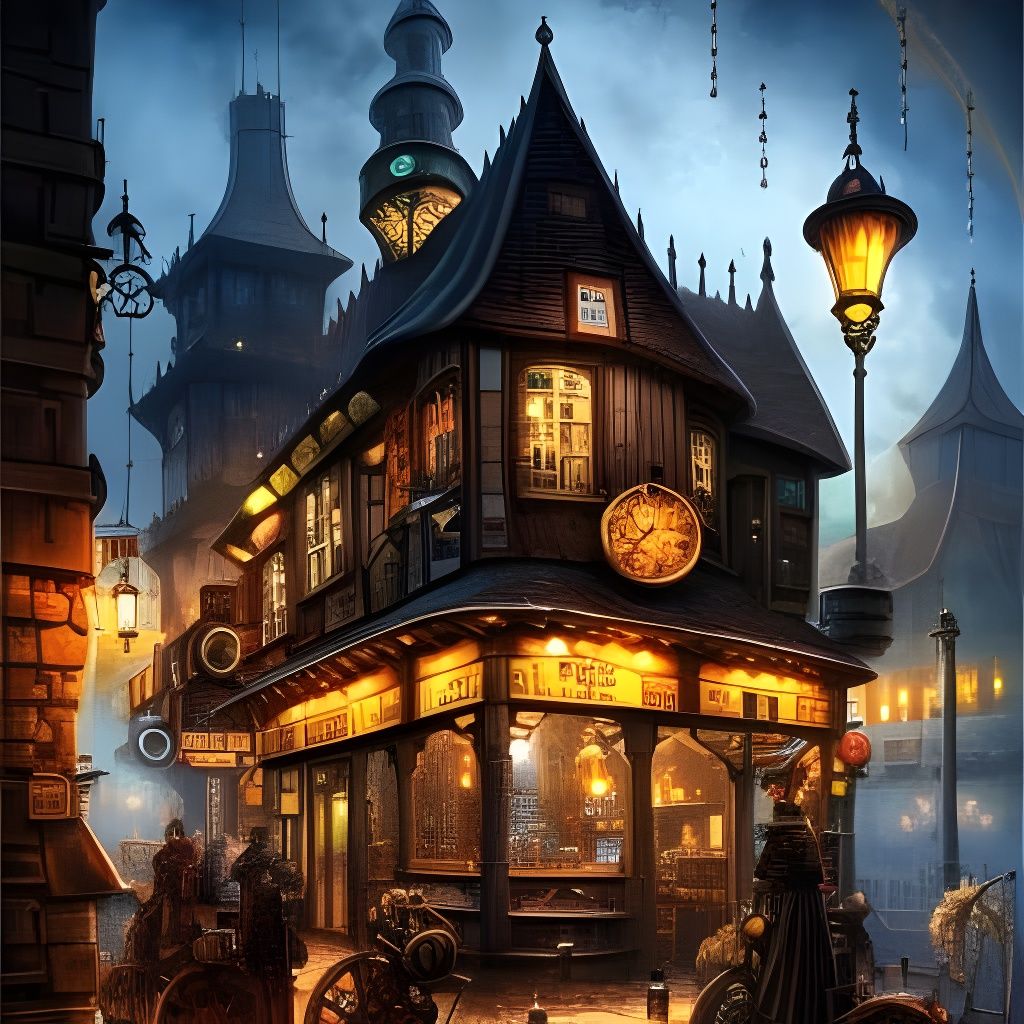 Steampunk Village Inn with Rainbow Smoke, Detailed Digital A...