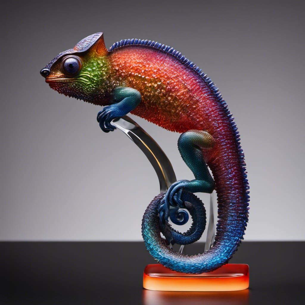 Art glass sculpture, a colorful  panther chameleon, neon color, detailed, realistic, Thomas Doyle,  Rene Lalique