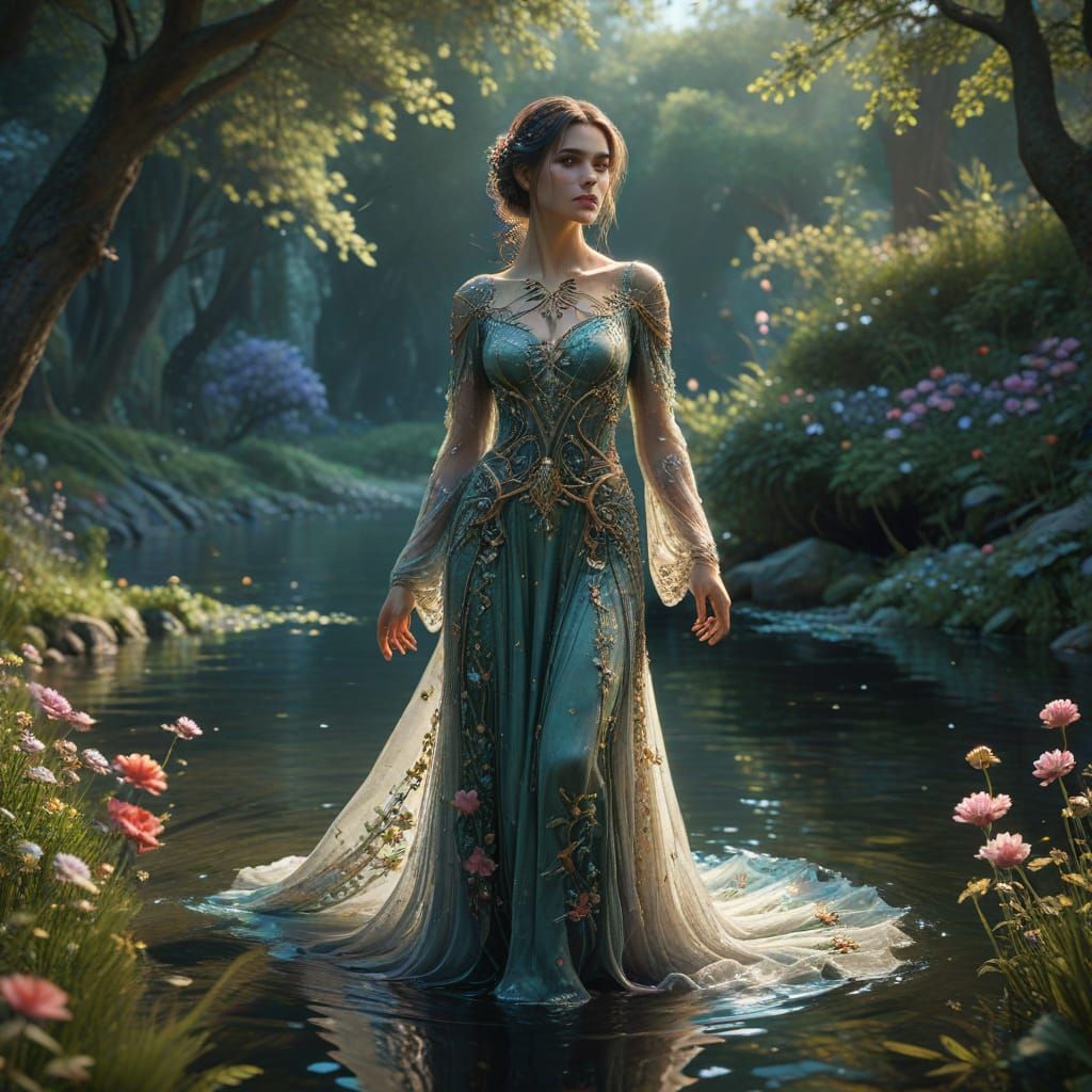 Serene Woman in Lush Paradise, Art Nouveau Dreamscapes