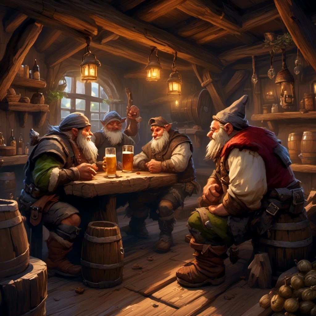 Gnomes Serving Orcs in a Warm Woodland Tavern