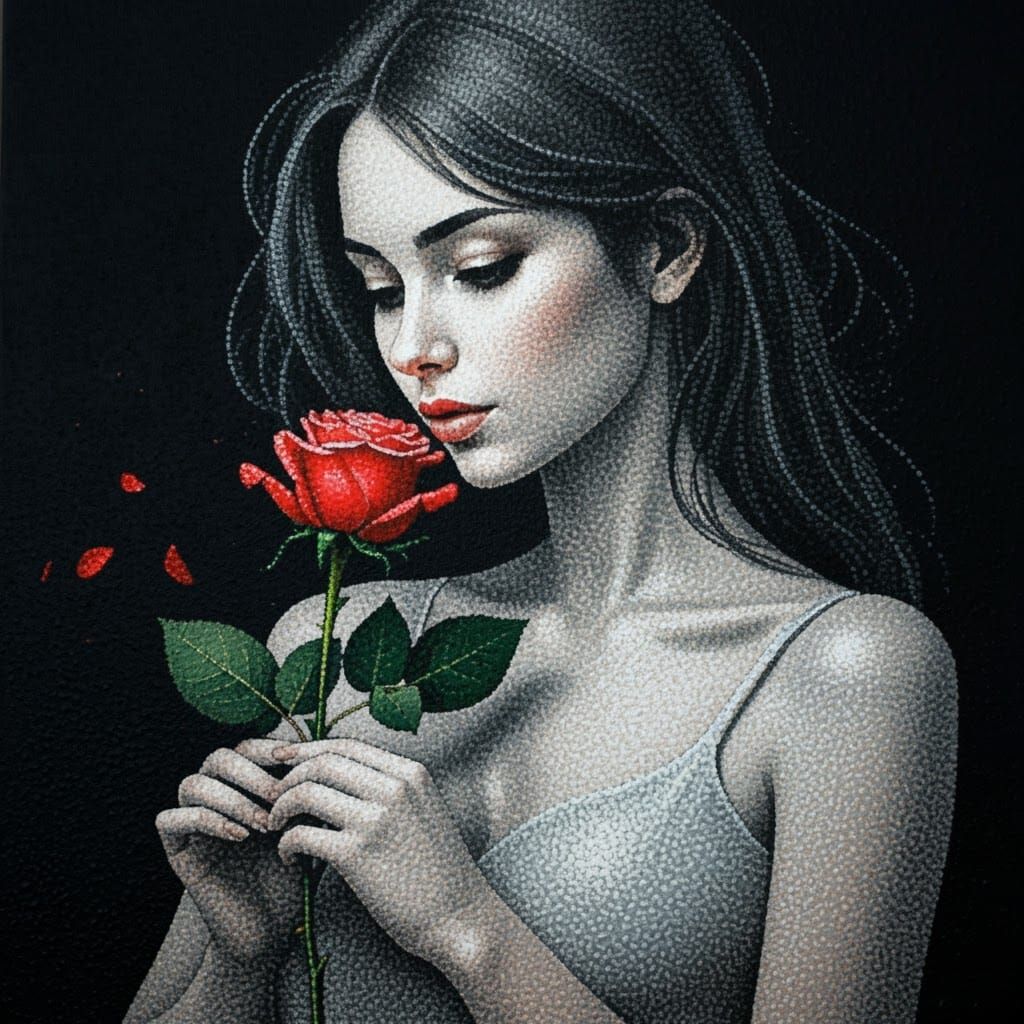 Grayscale Woman with Red Rose in Pointillism