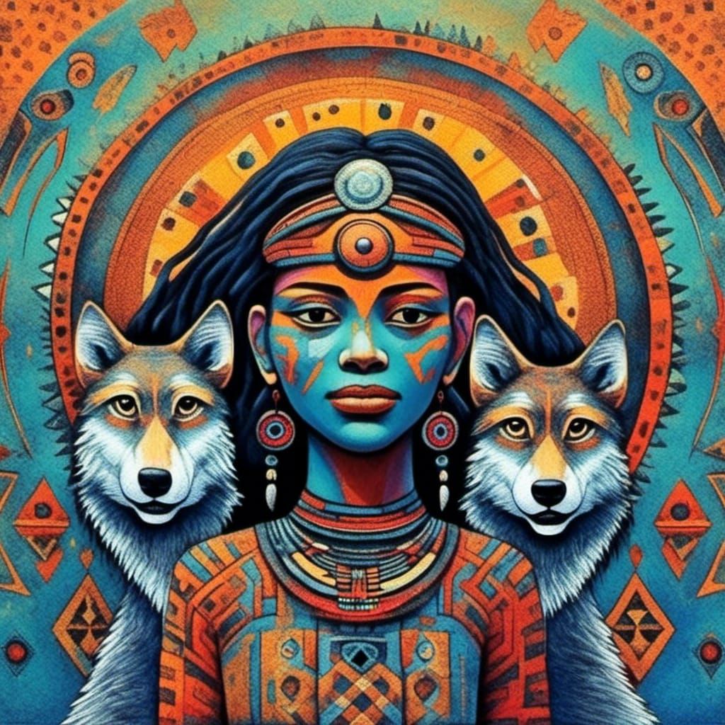 <lora:Dubuffet Dolls:1.0> Native American woman and a wolf