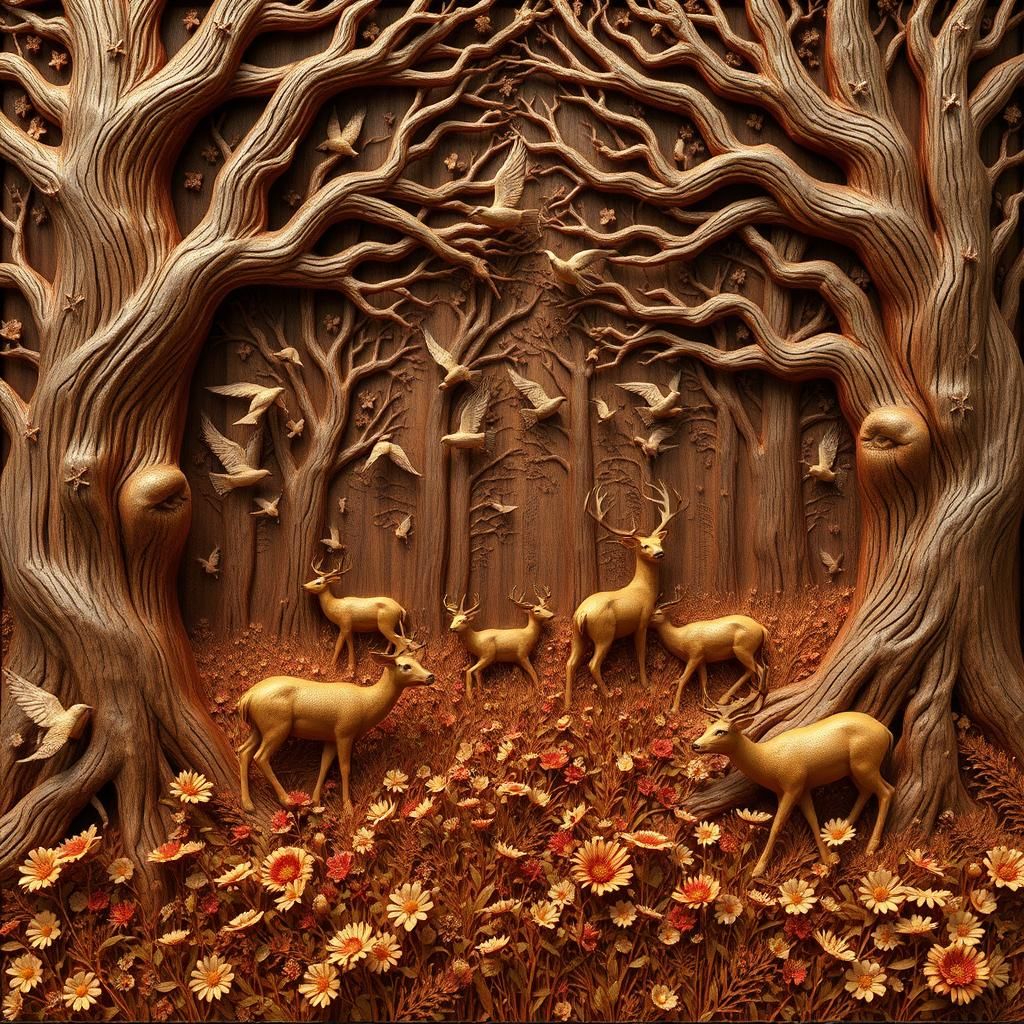 Detailed Wood Relief Forest Scene with Deer