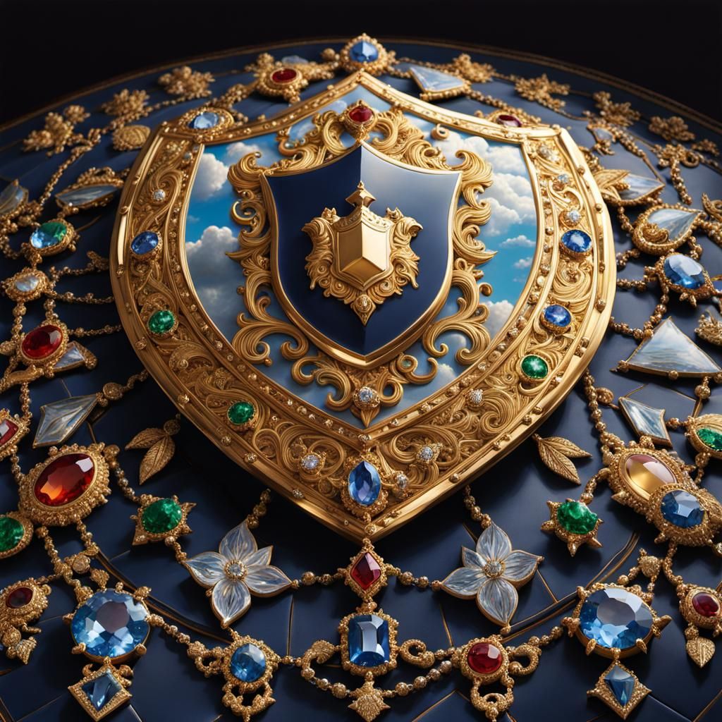 Jeweled Shield in Cloudy Hyperrealistic Landscape