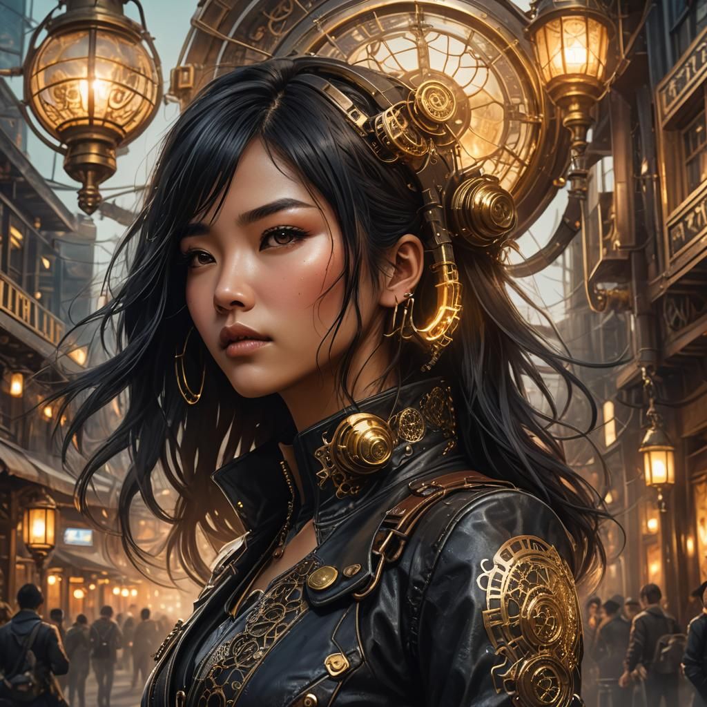 Steampunk Girl in Futuristic City Concept Art
