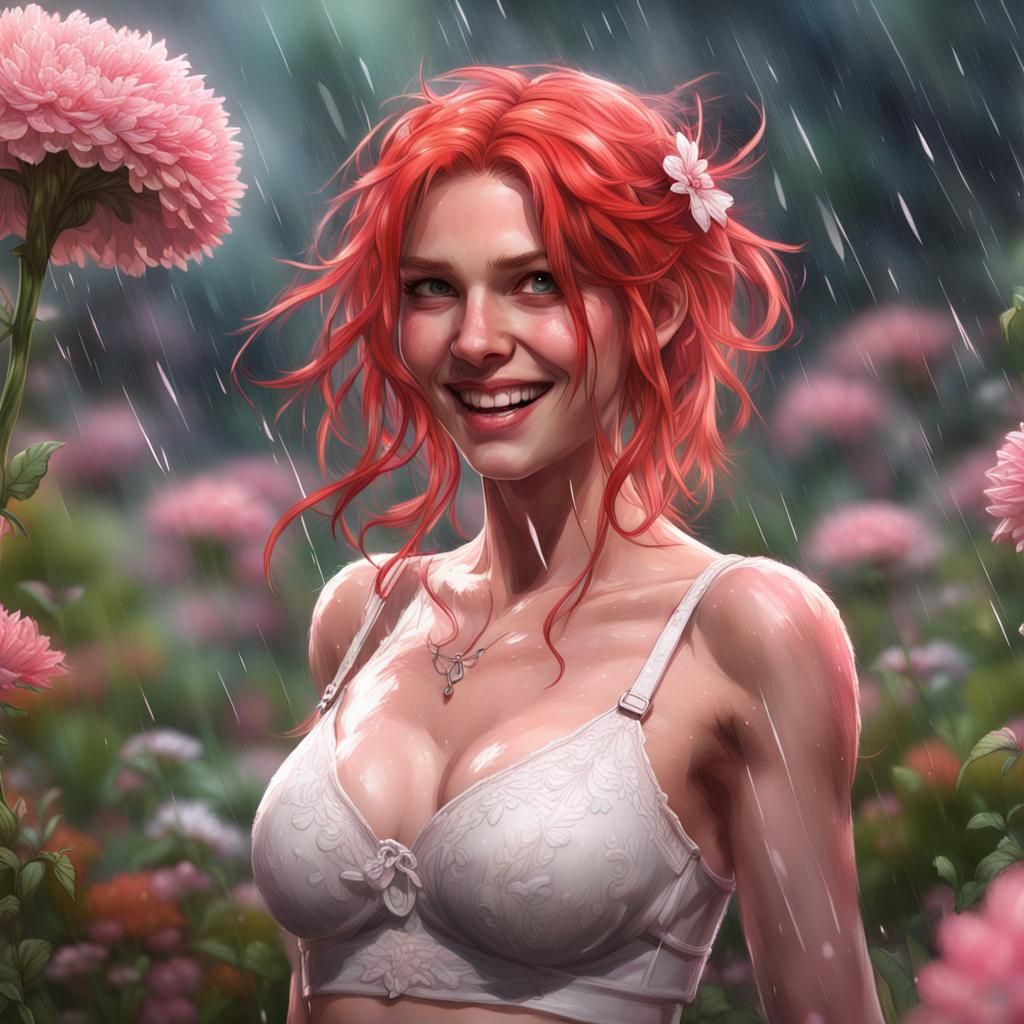 Mystic Punk Girl Dancing in Rainy Flower Garden