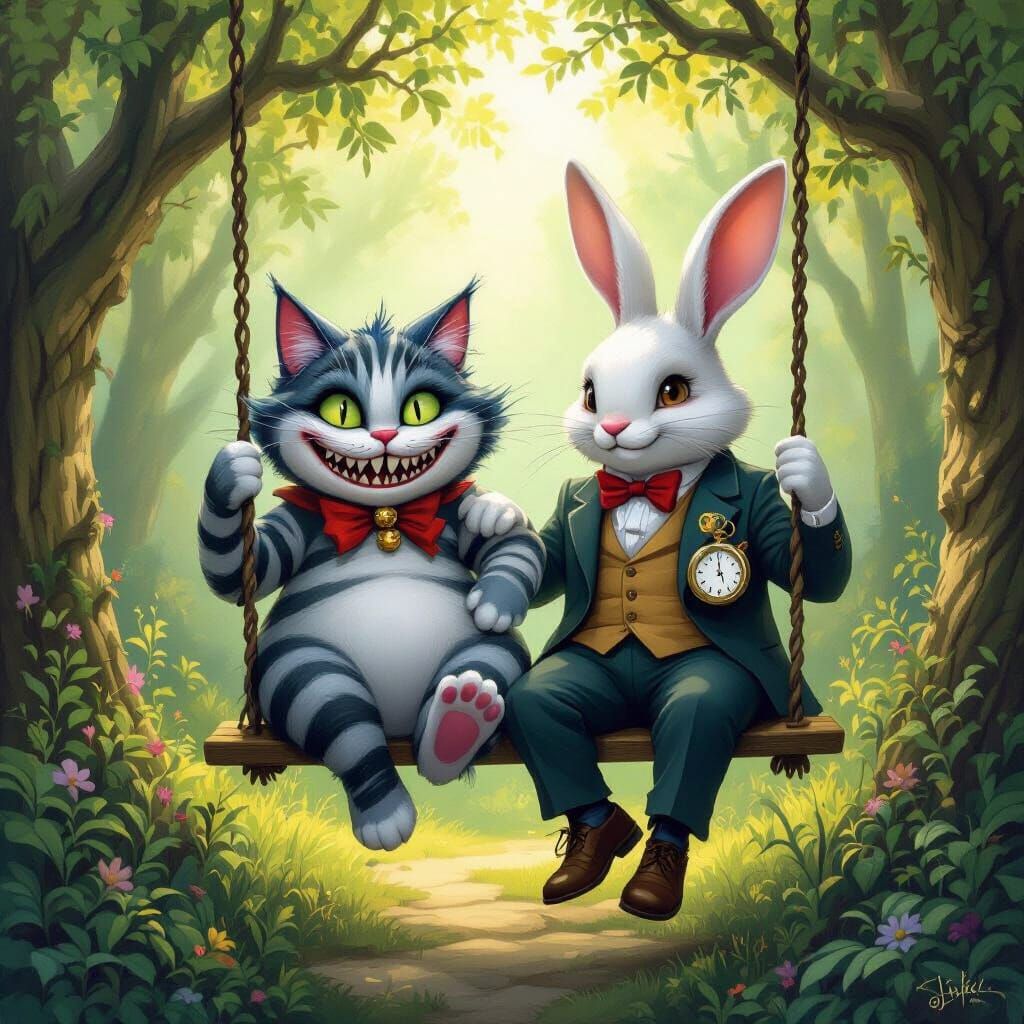 Cheshire Cat and Rabbit on a Forest Swing