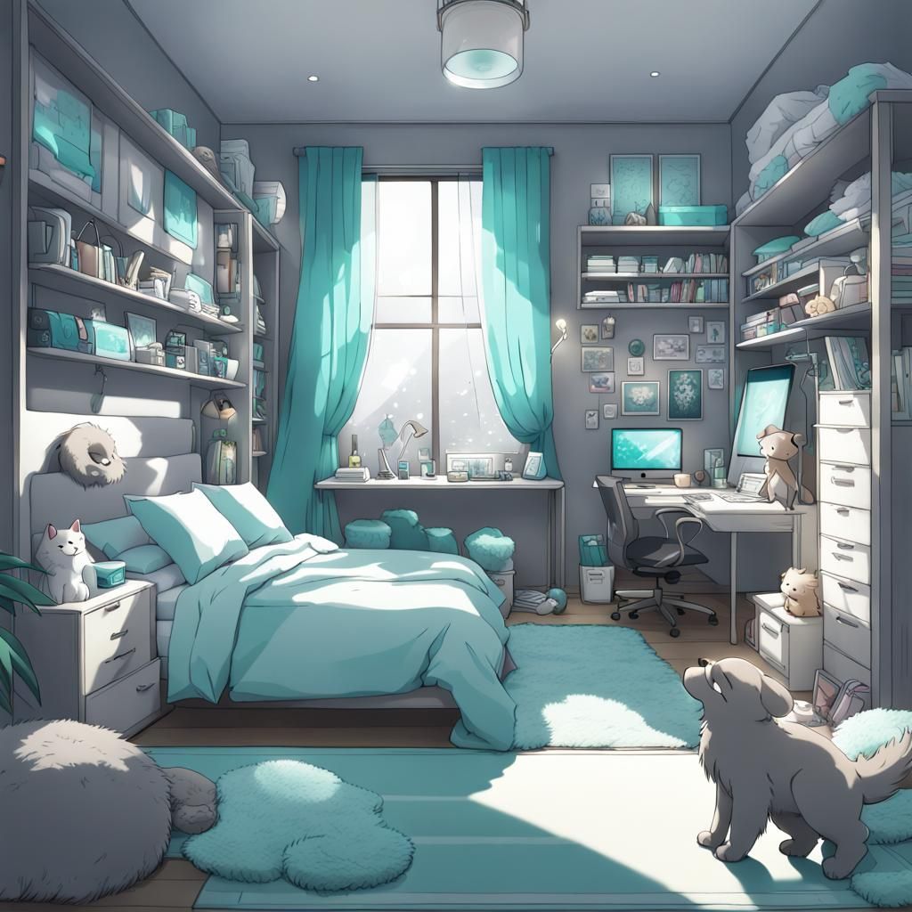 Modern Grey and Teal Bedroom in Anime Style