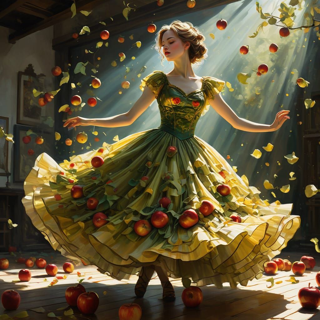 Woman Dances in an Apple Gown, Surreal Oil Painting