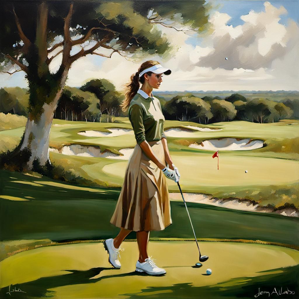 Woman Golfer: Oil Painting in Victorian Style
