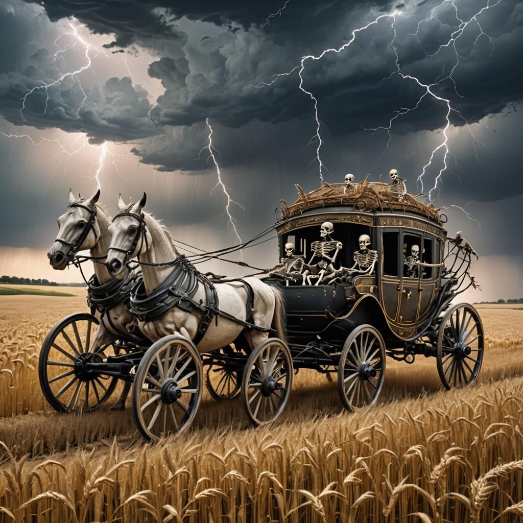 Skeletal Carriage Amidst Thunderstorm in Wheat Field