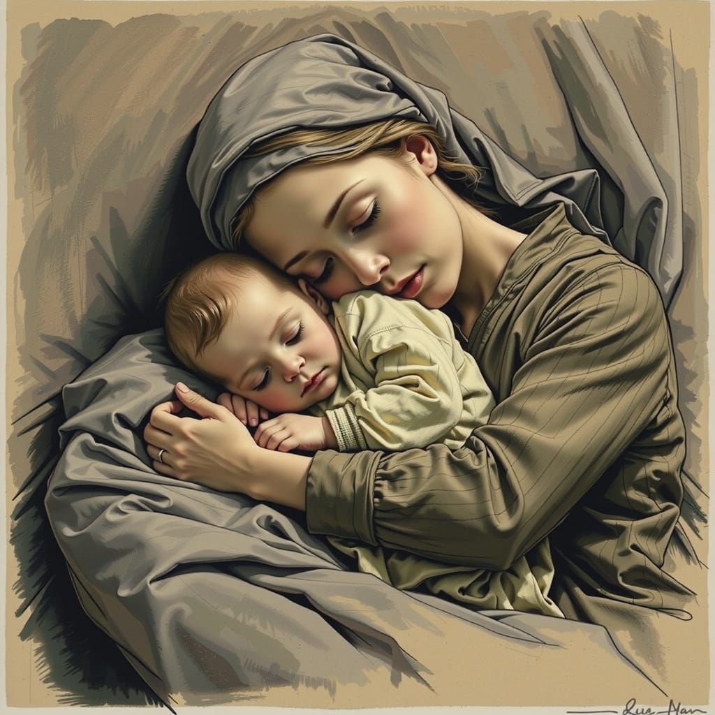 Child Sleeps in Mother's Embrace: Classic Illustration
