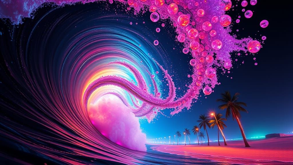 Neon Bioluminescent Beads in Ocean Waves