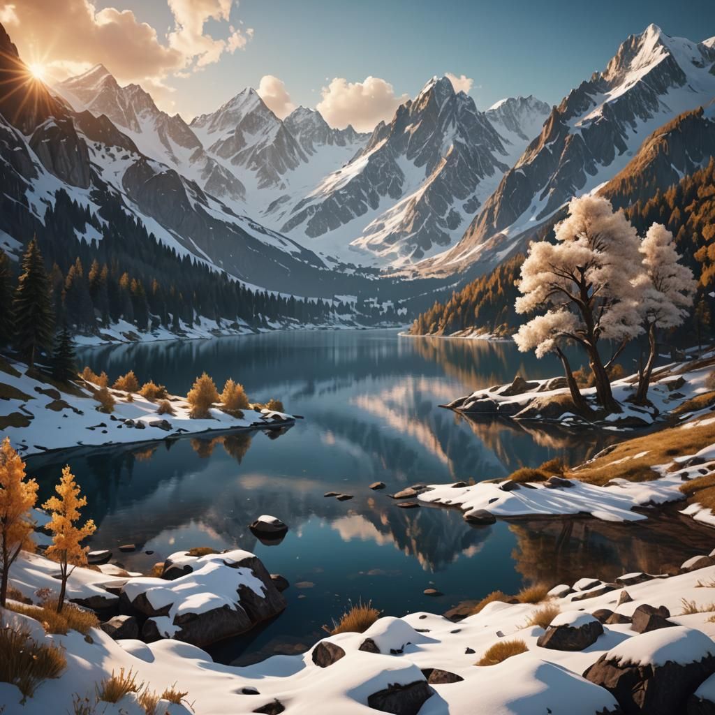Alpine Lake at Golden Hour: Fantasy Concept Art