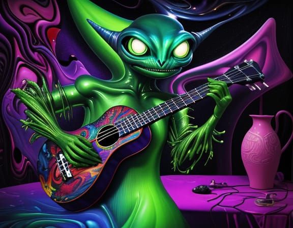 Surreal Alien Bard Playing Ukulele in Eerie Room