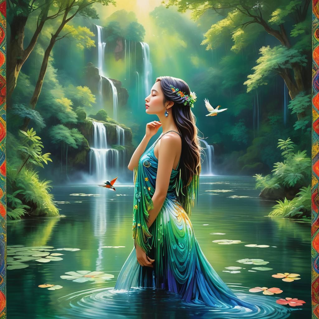 Woman in Lake with Waterfall: Dreamlike Art Nouveau