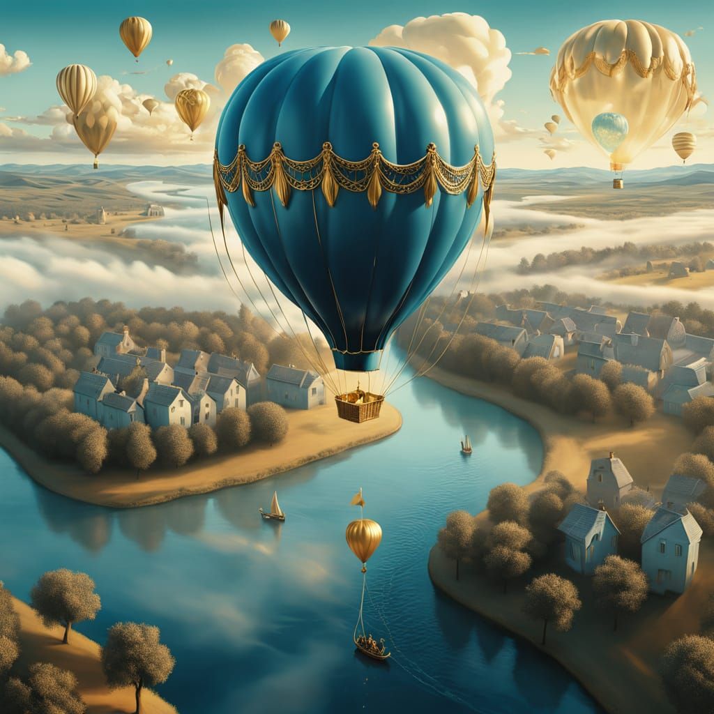 A large, ornate hot air balloon, dark blue with gold and tea...